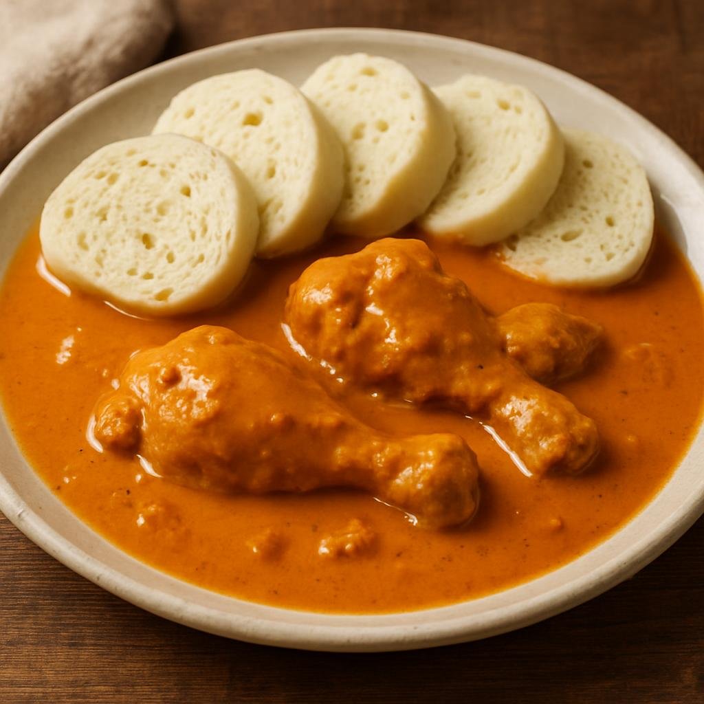 Entree: Czechia – Bohemia – Kuře na paprice (Chicken pieces braised in a creamy sweet paprika sauce) recipe