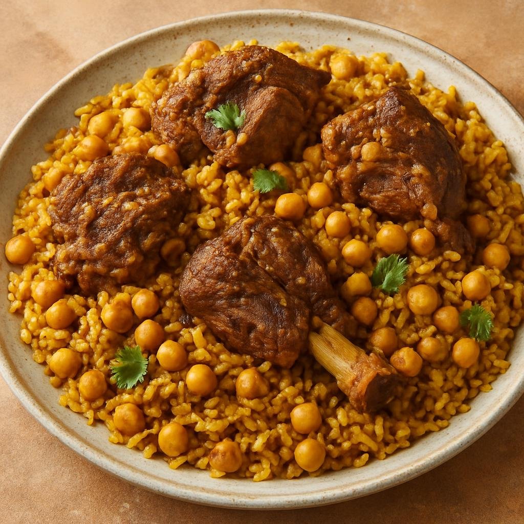 Entree: Tunisia – Djerba – رز جربي ➤ Ruz Jirbi (Djerba-style baked rice with lamb, chickpeas, and warm North African spices) recipe