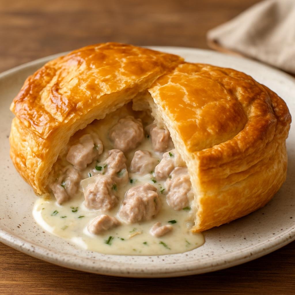 Entree: Luxembourg – National Cuisine – Rieslingspaschtéit (Puff pastry meat pie of pork and veal in a Riesling-flavored creamy filling) recipe
