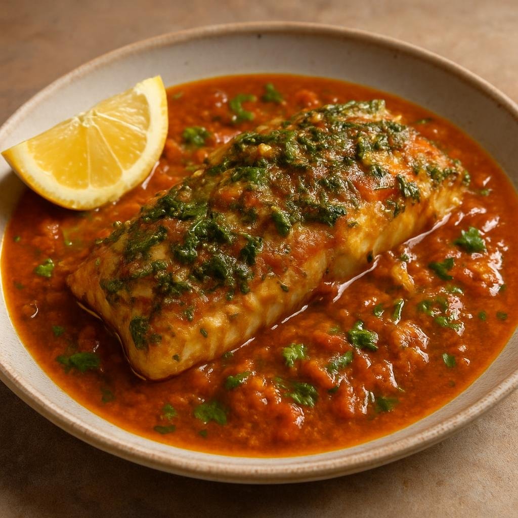 Entree: Western Sahara – National Cuisine – Chermoula Fish (North African marinated white fish cooked with a herb-spice chermoula in a tomato sauce) recipe
