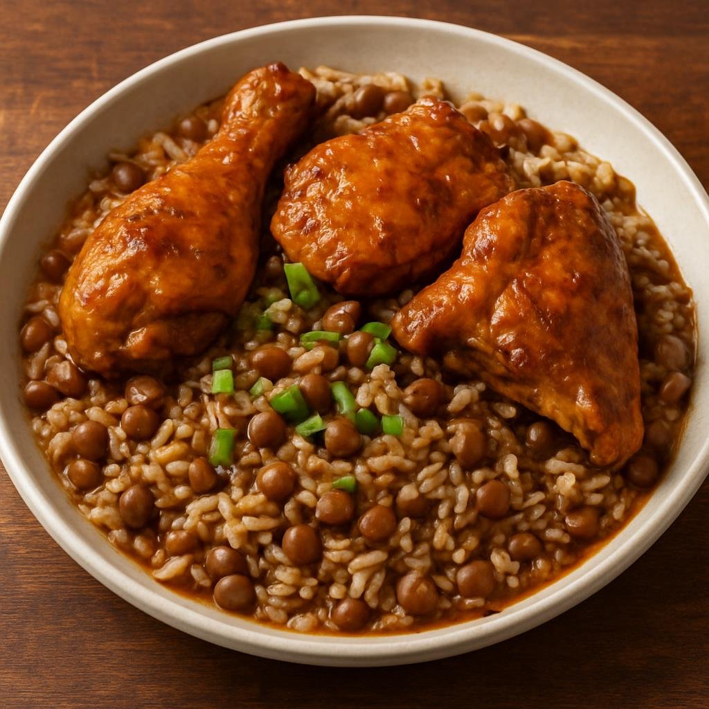 Entree: Anguilla – Pigeon Peas and Rice with Chicken (A one-pot Caribbean dish of seasoned rice cooked with pigeon peas and savory stewed chicken) recipe