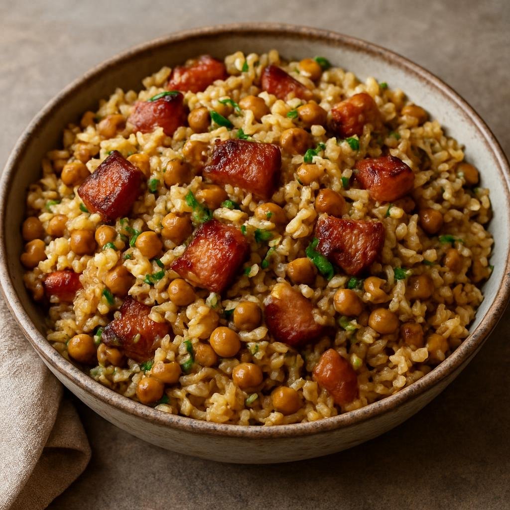 Entree: Bahamas – Bahamian Peas and Rice (One-pot seasoned rice cooked with pigeon peas and salted pork, flavored with herbs and aromatics) recipe