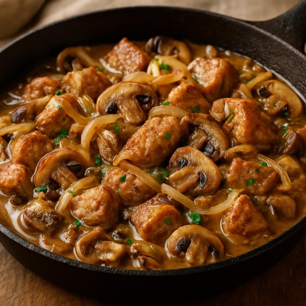 Entree: Belarus – Смаженка ➤ Smazhenka (Hearty Belarusian skillet of fried pork with onions and mushrooms in a light savory gravy) recipe