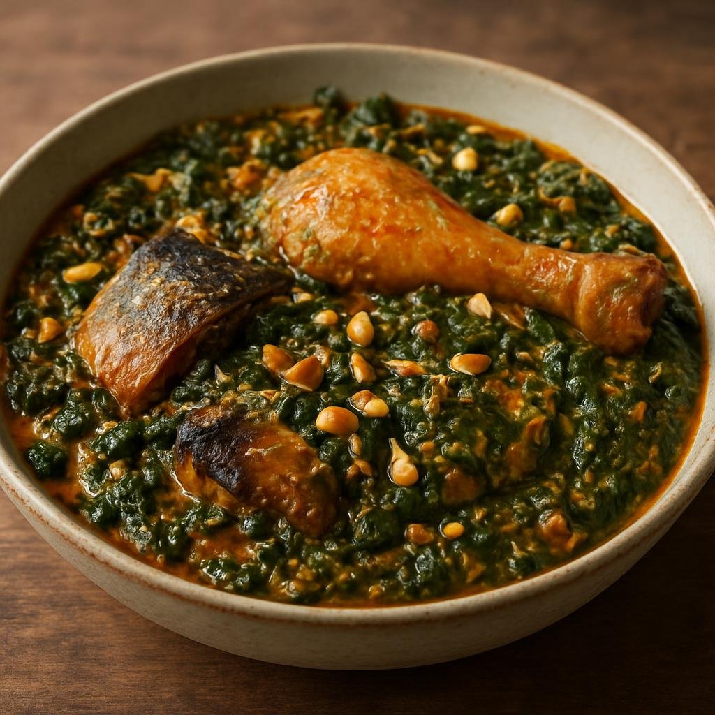 Entree: Benin – Gboma Dessi (Hearty West African spinach and peanut stew with chicken and smoked fish) recipe