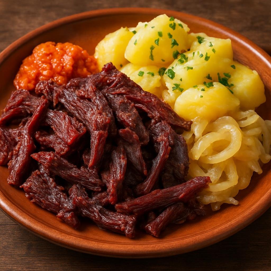 Entree: Bolivia – Charque de Llama (Salt-cured, sun-dried llama meat used as a hearty jerky or rehydrated meat in Andean dishes) recipe