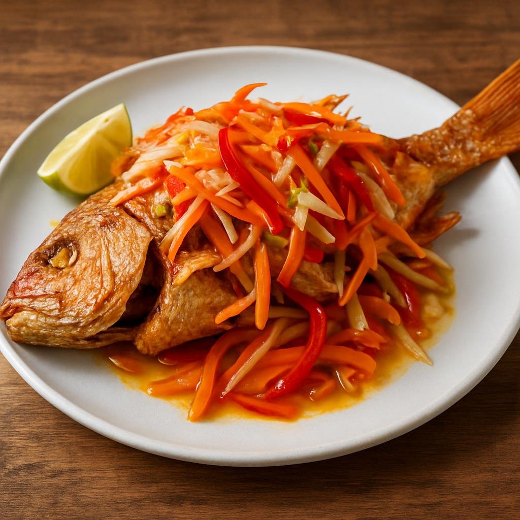 Entree: Cayman Islands – Escovitch Fish (Fried whole fish dressed with a hot, tangy pickled vegetable vinaigrette) recipe