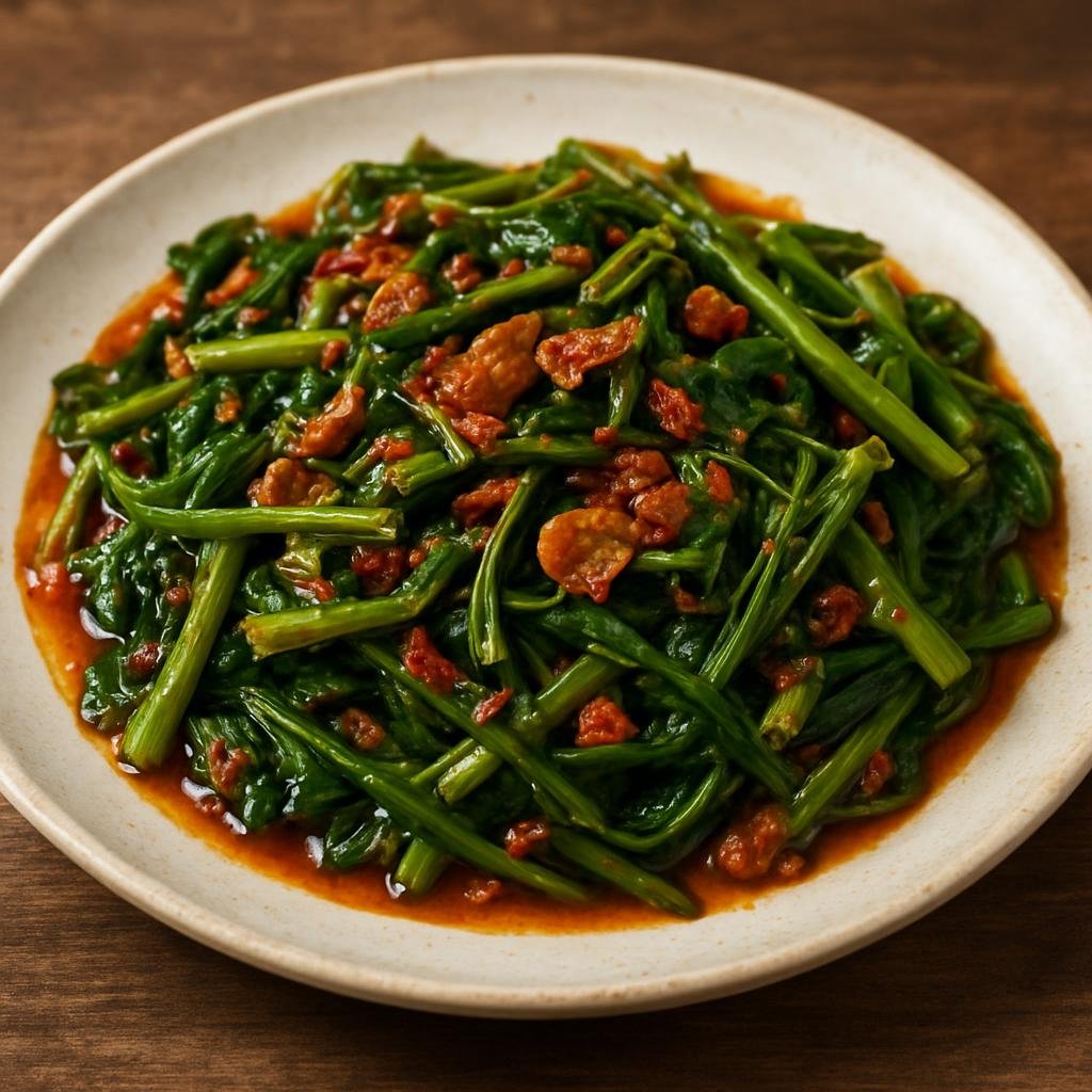 Entree: Cocos (Keeling) Islands – Central Culinary Region – Kangkung Belacan (Stir-fried water spinach cooked with spicy fermented shrimp paste and aromatics) recipe