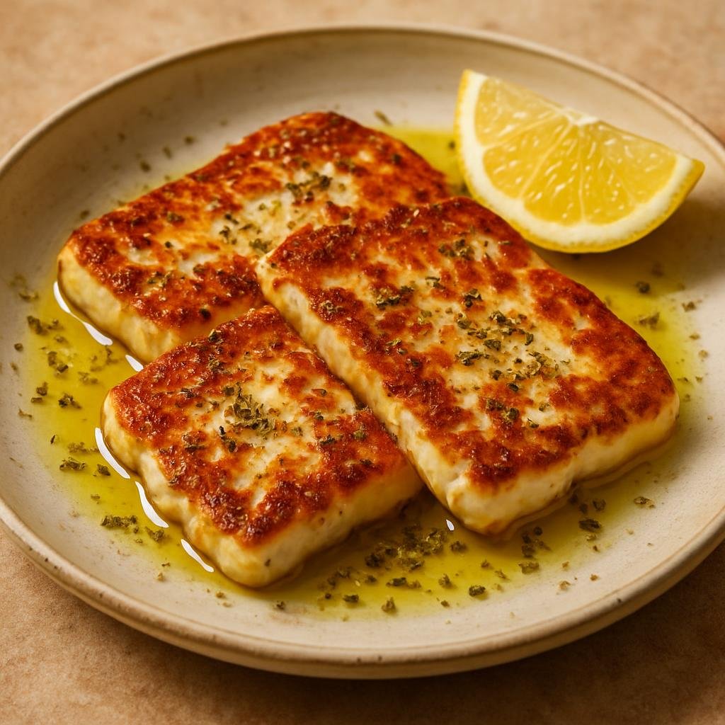 Entree: Cyprus – Central Culinary Region – Halloumi Saganaki (Pan-seared Cypriot halloumi cheese served hot with lemon, oregano, and olive oil) recipe