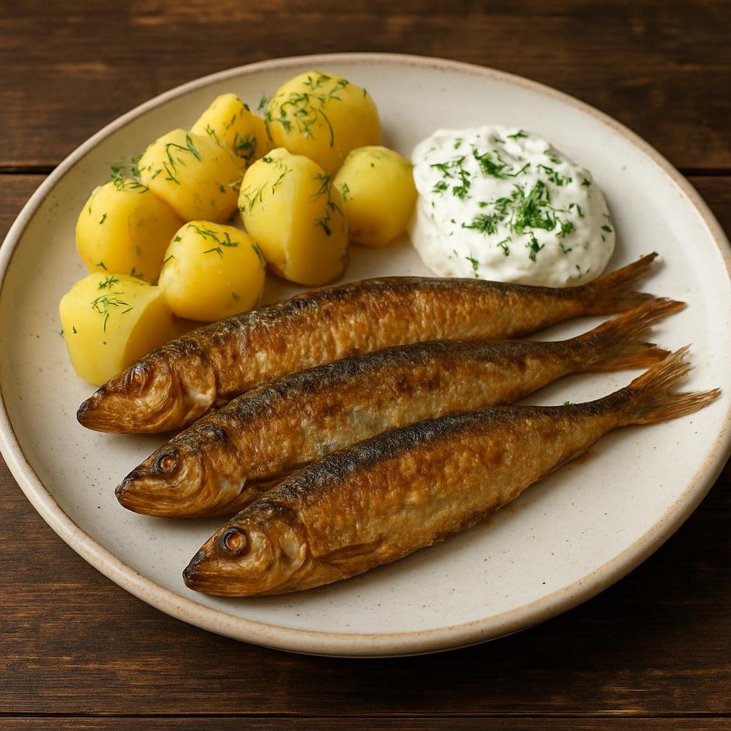 Entree: Estonia – Central Culinary Region – Praetud Räimed (Pan-fried Baltic herrings served with boiled potatoes and dill sour cream) recipe