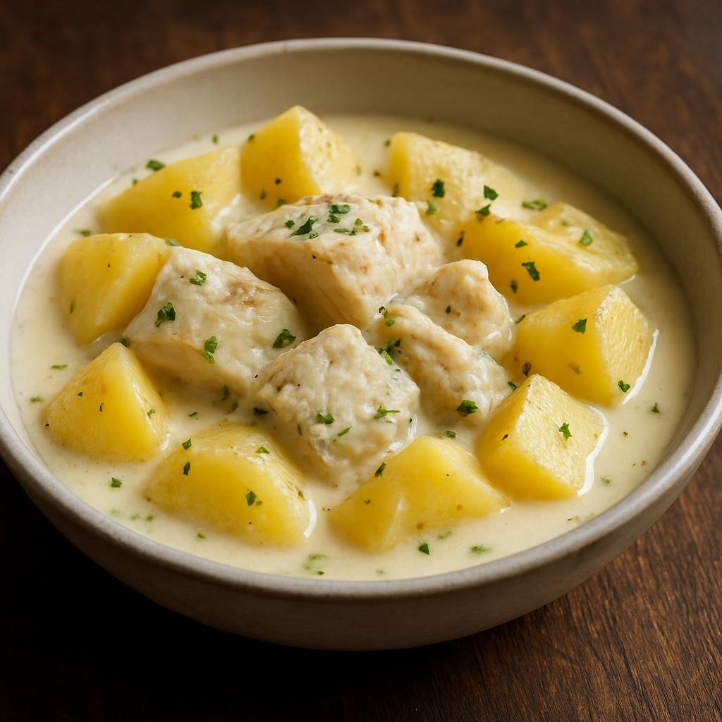 Entree: Faroe Islands – Central Culinary Region – Turrur fiskur (Rehydrated dried cod simmered with potatoes in a simple butter-milk sauce) recipe