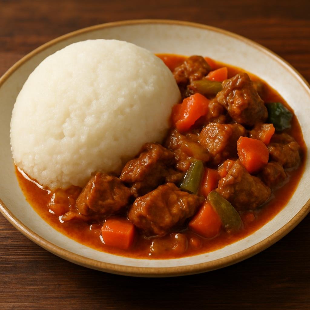 Entree: Lesotho – Tšoeu (A stiff white cornmeal porridge traditionally served with a savory meat and vegetable relish) recipe