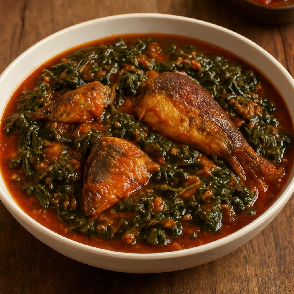 Entree: Liberia – Palava Sauce (A hearty Liberian one-pot stew of leafy greens cooked in palm oil with smoked fish and spiced tomato gravy) recipe