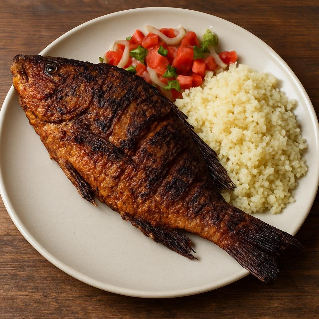 Entree: Mali – Grilled Fish with Attiéké (Whole seasoned and char-grilled fish served with attiéké, a steamed grated cassava couscous) recipe