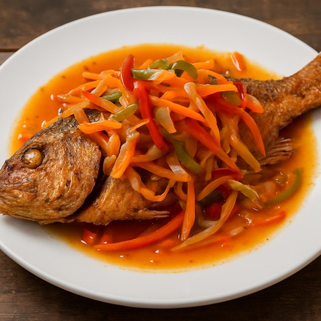 Entree: Montserrat – Escovitch Fish (Fried whole fish dressed with a hot pickled vegetable and vinegar sauce) recipe