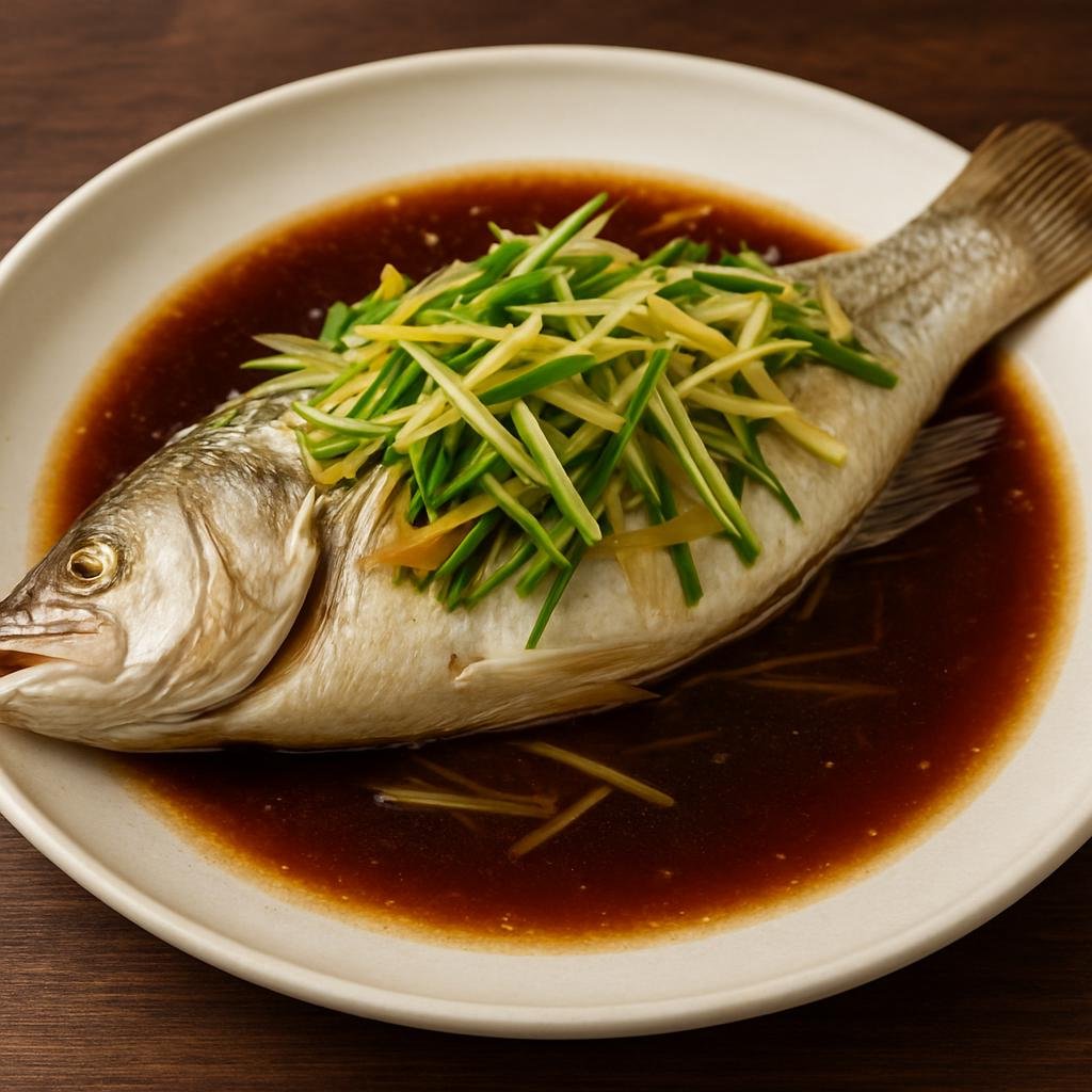 Entree: China – Cantonese / Guangdong – 清蒸魚 ➤ Qīngzhēng yú (Whole white-fleshed fish gently steamed with julienned ginger, scallions and a light soy-based sauce) recipe