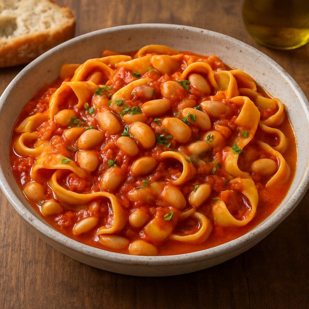 Entree: Italy – Abruzzo – Taccozzelle e Fagioli (Rustic Abruzzo fresh ribbon pasta with white beans in a tomato‑olive oil sauce) recipe