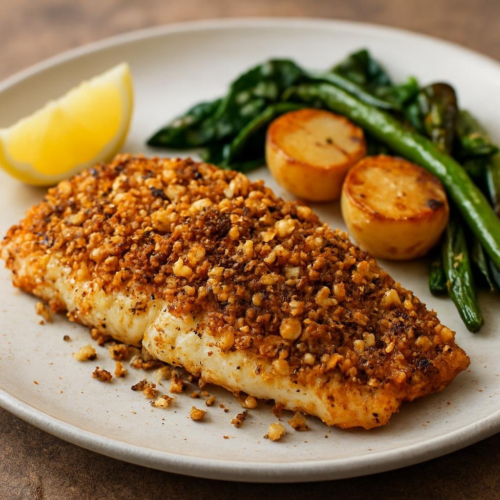 Entree: Australia – Australian Indigenous & Bush Foods – Macadamia Crusted Fish (Pan-seared or baked fish fillets coated with crushed macadamia nuts and native Australian bush spices) recipe