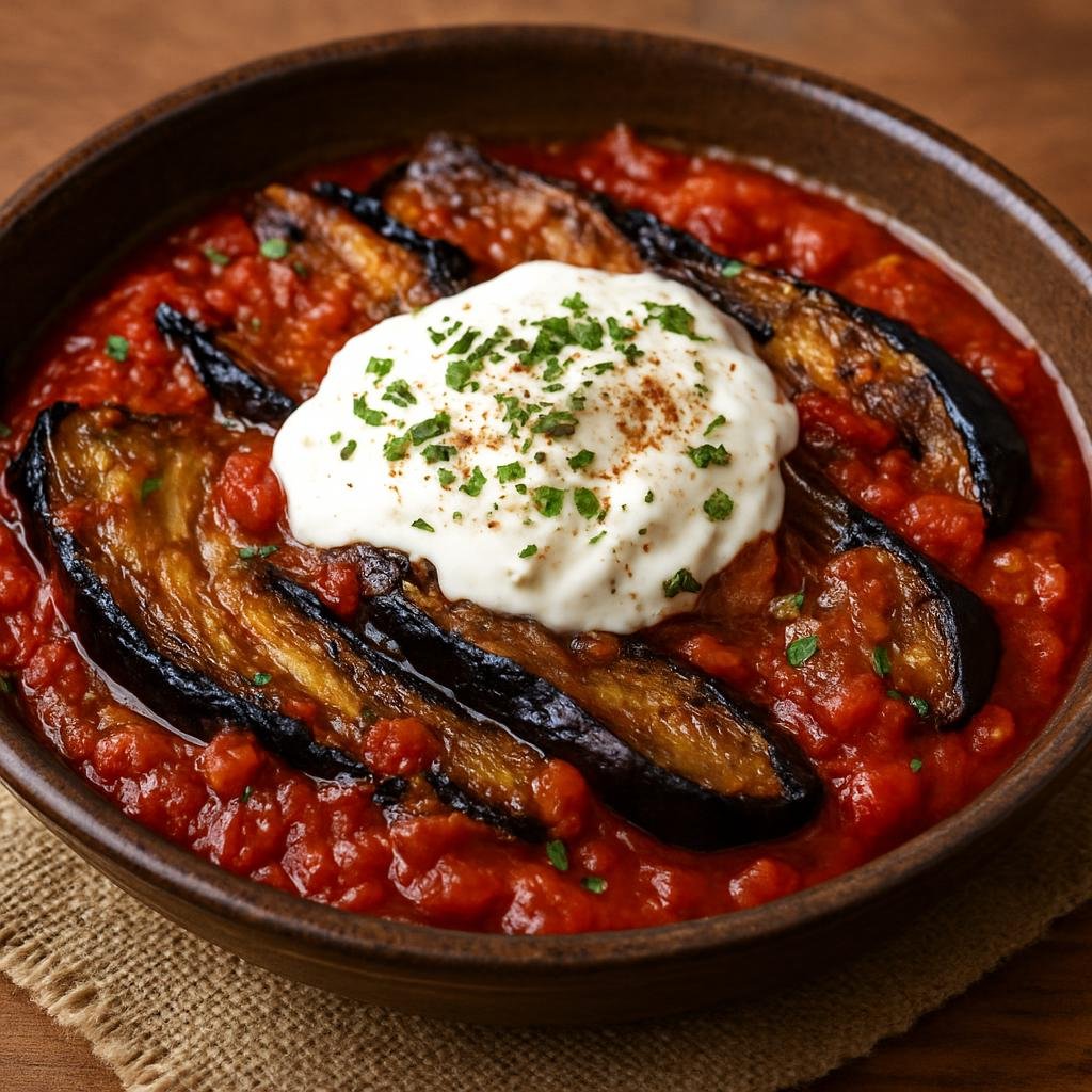Entree: Afghanistan – Central Culinary Region – بنجان بورانی ➤ Banjan Borani (Roasted eggplant simmered in a garlicky tomato sauce and served topped with seasoned yogurt) recipe