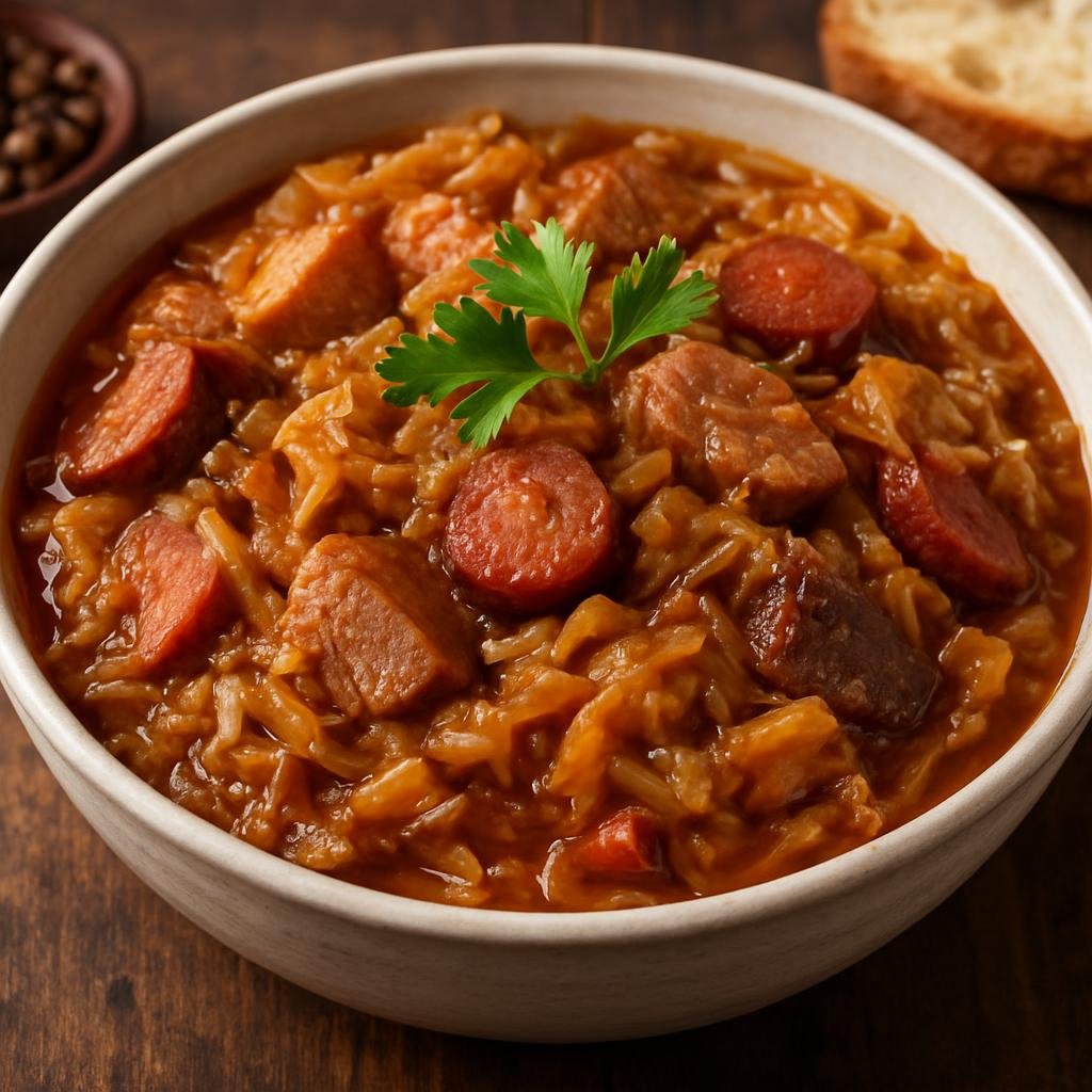 Entree: Ukraine – Carpathian Ukraine – Бігос ➤ Bihos (Hearty hunter’s stew of sauerkraut, fresh cabbage and mixed smoked and fresh meats) recipe