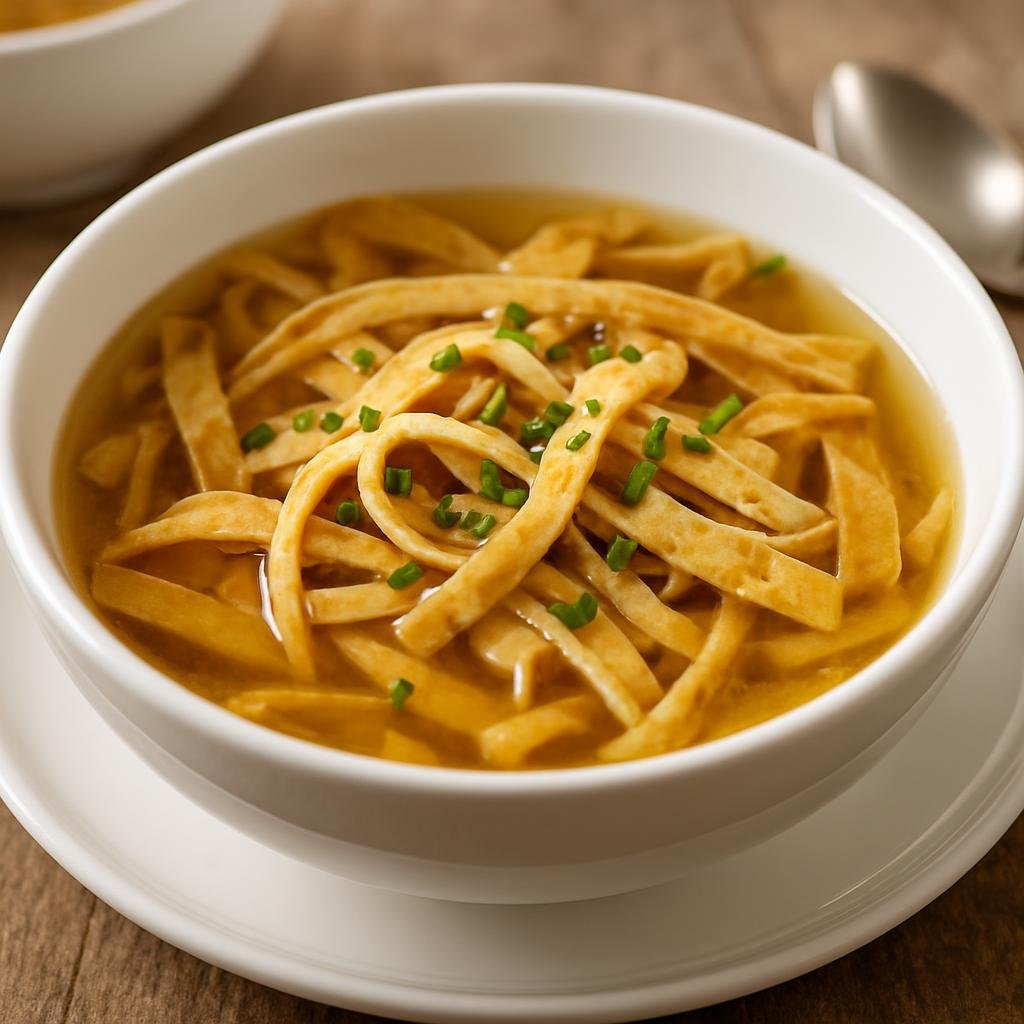 Entree: Austria – Central Culinary Region – Frittatensuppe (Clear beef broth served with thin savory pancake strips) recipe