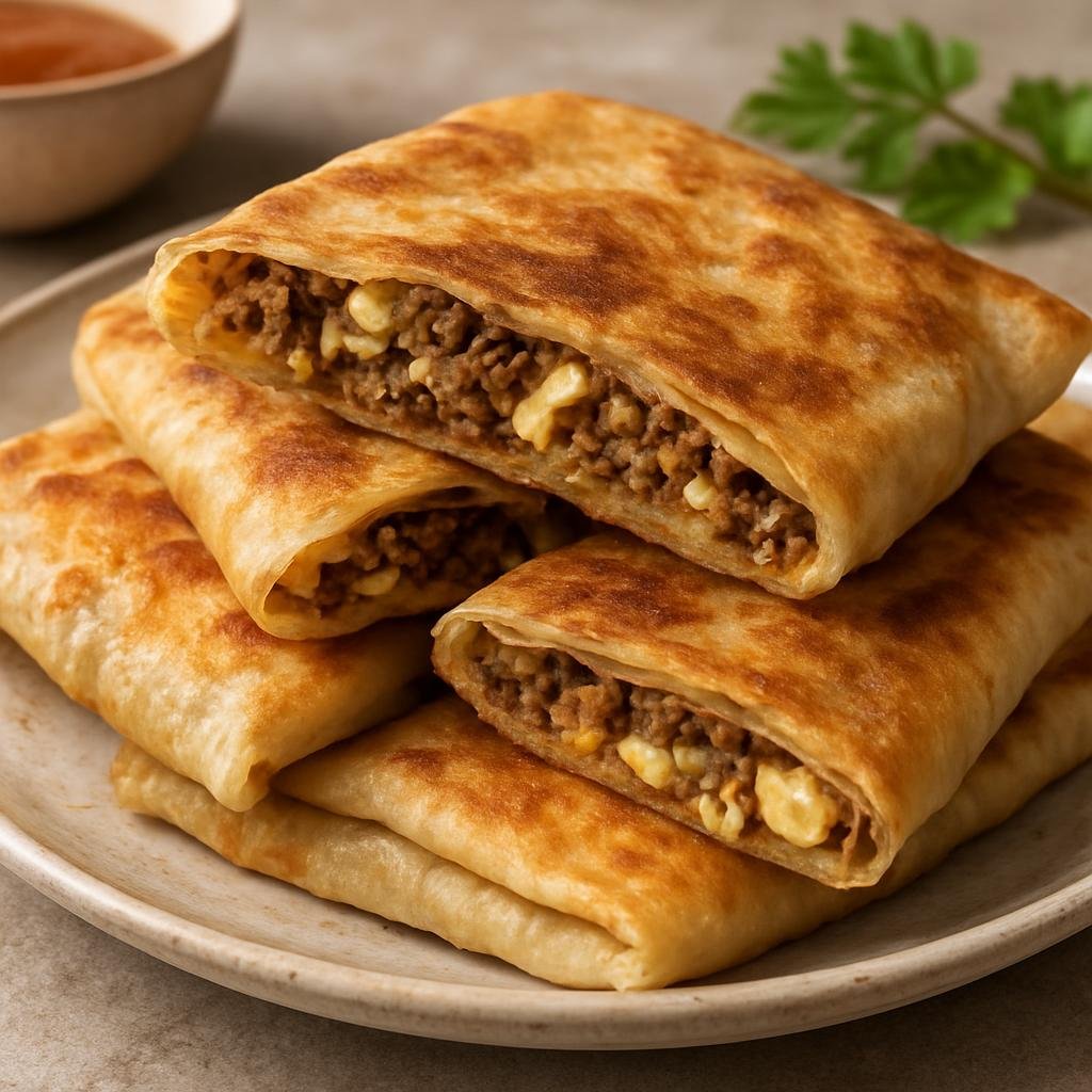 Entree: Saudi Arabia – Asir & Southern Saudi – مطبق ➤ Mutabbaq (Folded savory pan-fried flatbread stuffed with spiced minced meat and egg) recipe