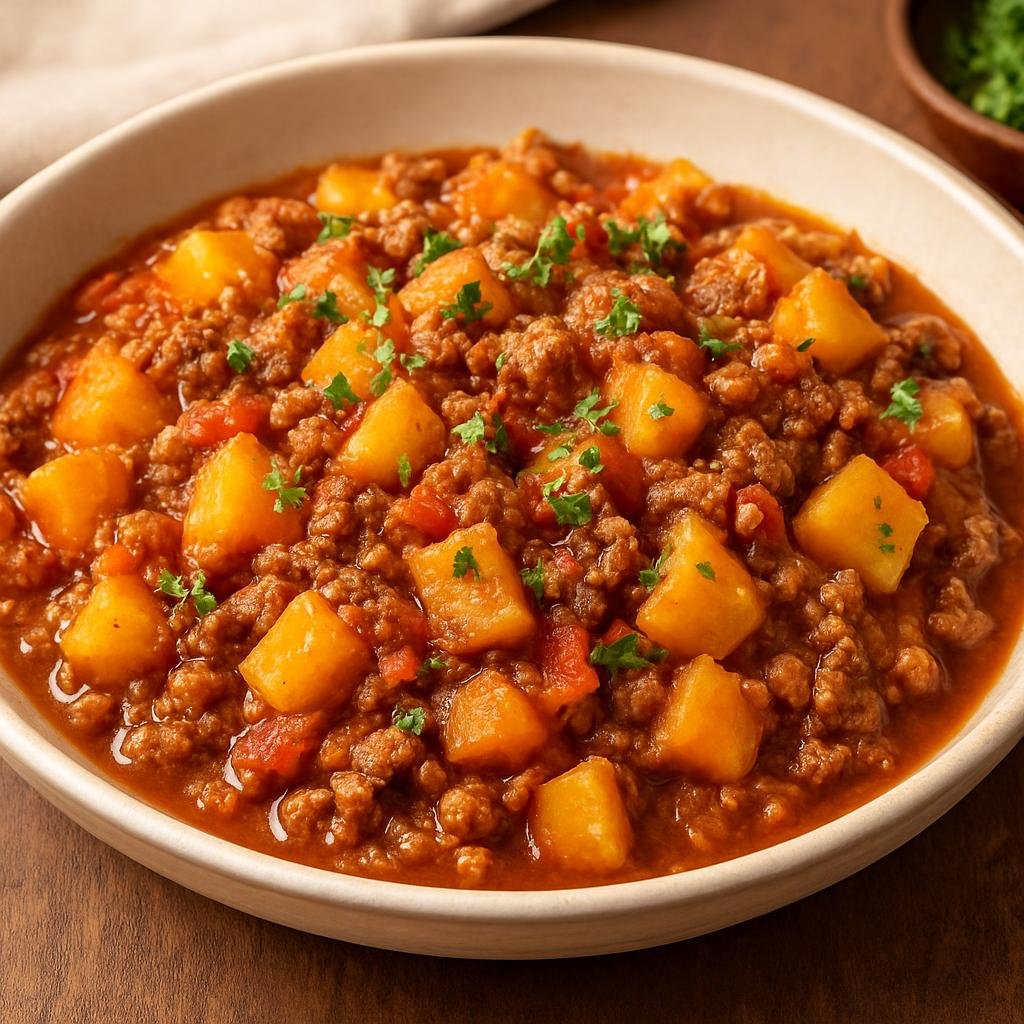 Entree: Costa Rica – Central Culinary Region – Picadillo de Papa (Sautéed ground beef and diced potatoes simmered in a savory tomato and onion sauce) recipe