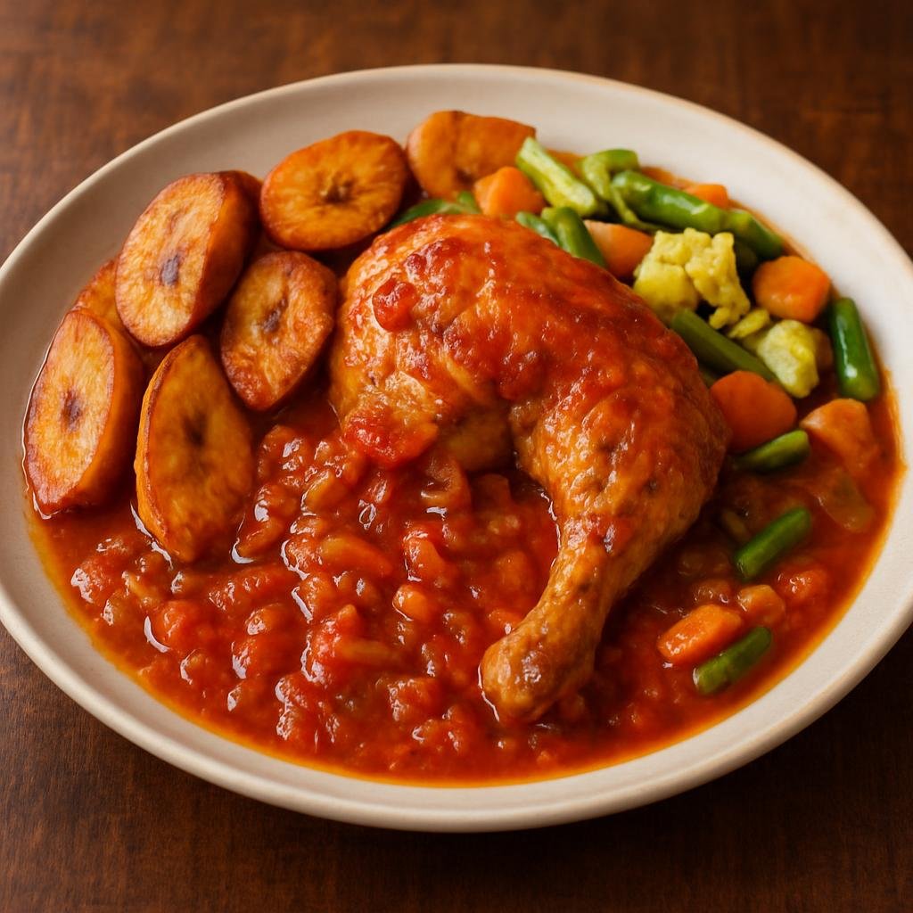 Entree: Equatorial Guinea – Central Culinary Region – Poulet DG (Braised chicken with fried plantains and mixed vegetables in a savory-spicy tomato sauce) recipe