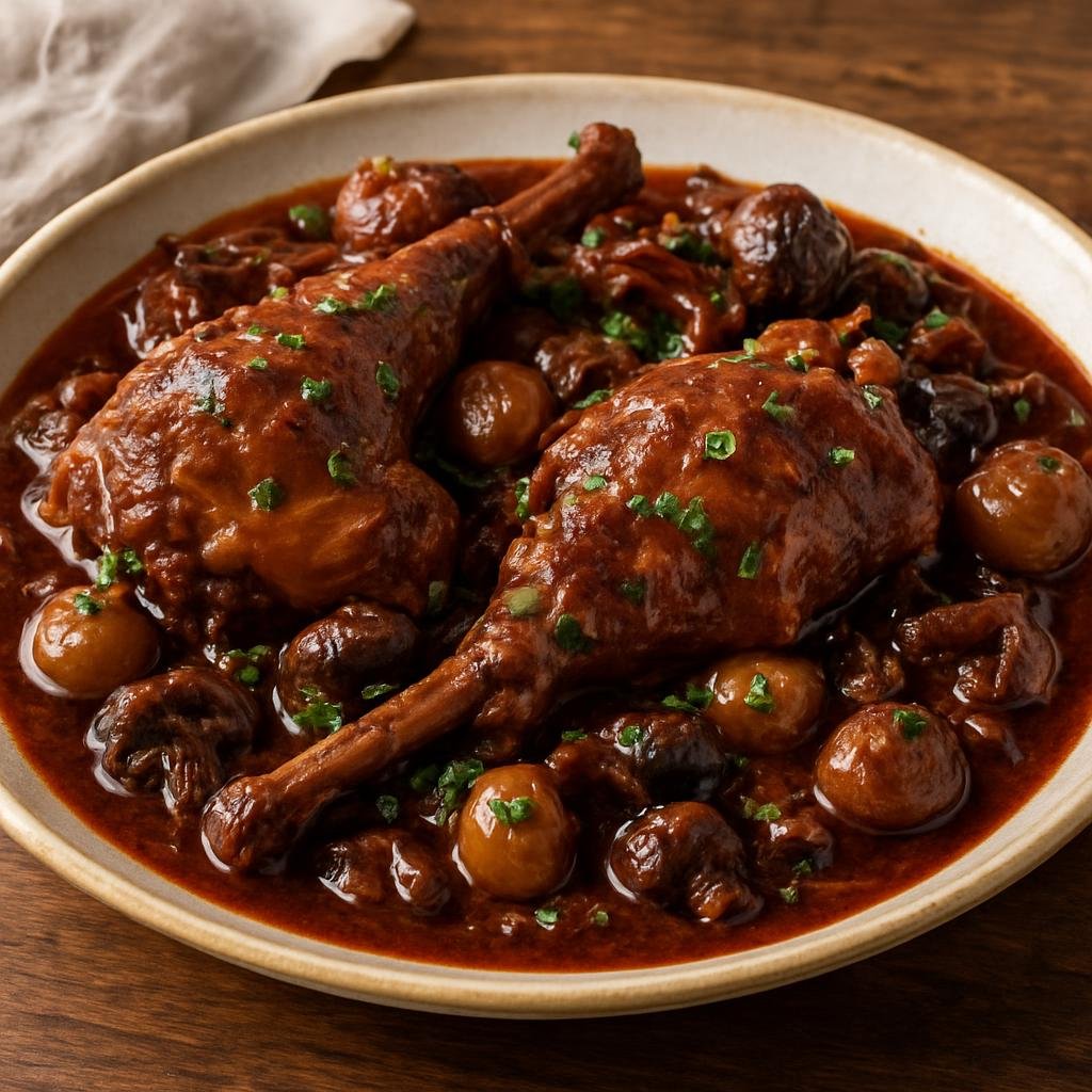 Entree: French Southern Territories – Central Culinary Region – Civet de Lapin (Slow-braised rabbit stew in a rich red wine and herb sauce) recipe