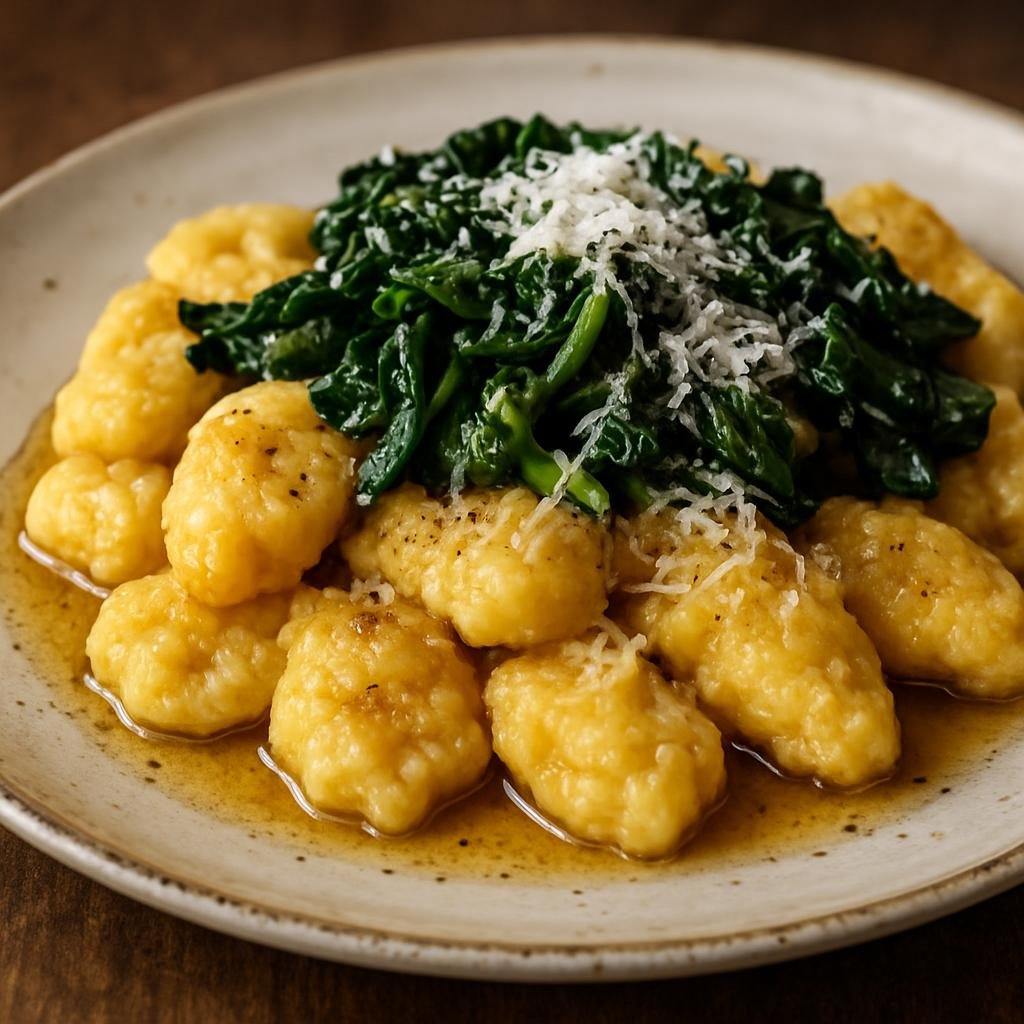 Entree: Switzerland – Alpine Switzerland – Pizokel (Alpine egg dumplings similar to spätzle, typically finished with browned butter, sautéed greens, and mountain cheese) recipe