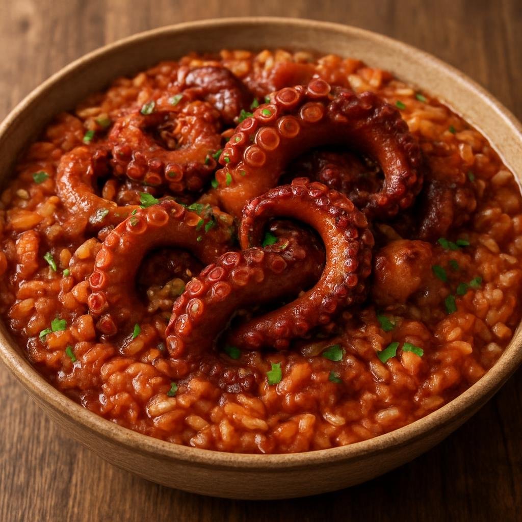 Entree: Guinea-Bissau – National Cuisine – Arroz de Polvo (Rice cooked with tender octopus in a savory tomato-and-spice broth) recipe