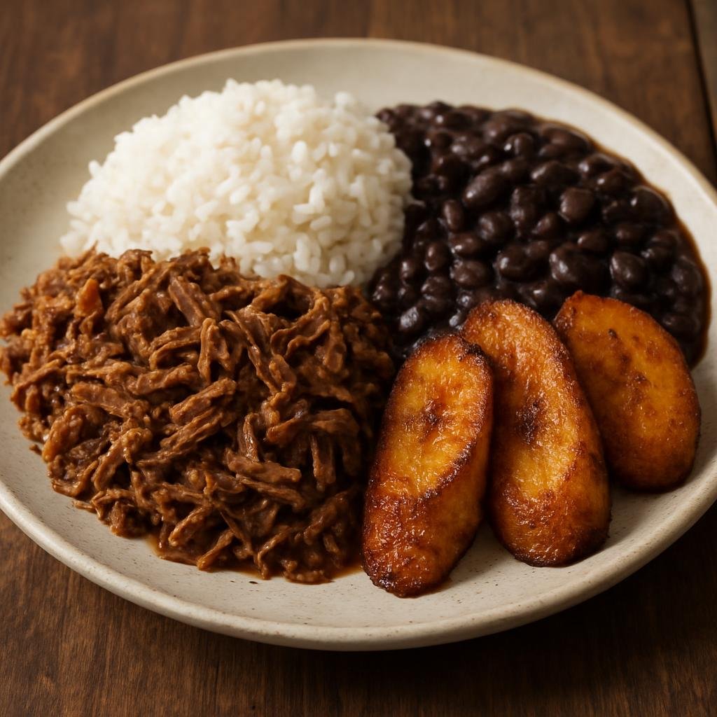 Entree: Venezuela – Southern Culinary Region – Pabellón Criollo (Venezuela’s plate of shredded beef with black beans, white rice, and fried sweet plantains) recipe