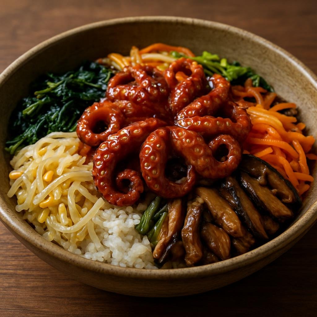 Entree: North Korea – North Korean Coastal Cuisine – 문어 비빔밥 ➤ Muneo Bibimbap (Mixed rice bowl topped with seasoned sautéed octopus and assorted vegetables) recipe
