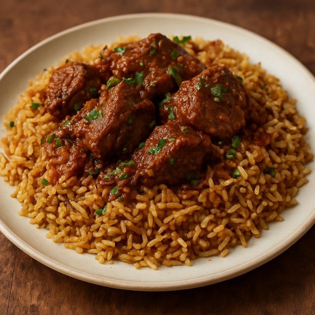 Entree: Palestine – National Cuisine – رز ولحم ➤ Ruz wa Lahme (Fragrant rice cooked with braised spiced meat) recipe