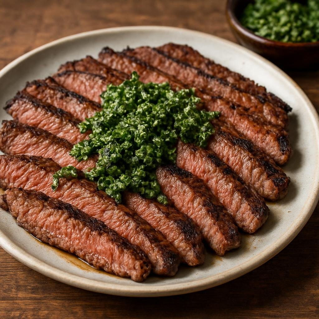 Entree: Paraguay – National Cuisine – Churrasco (Charcoal-grilled thin beef steak served sliced with a parsley-garlic chimichurri) recipe