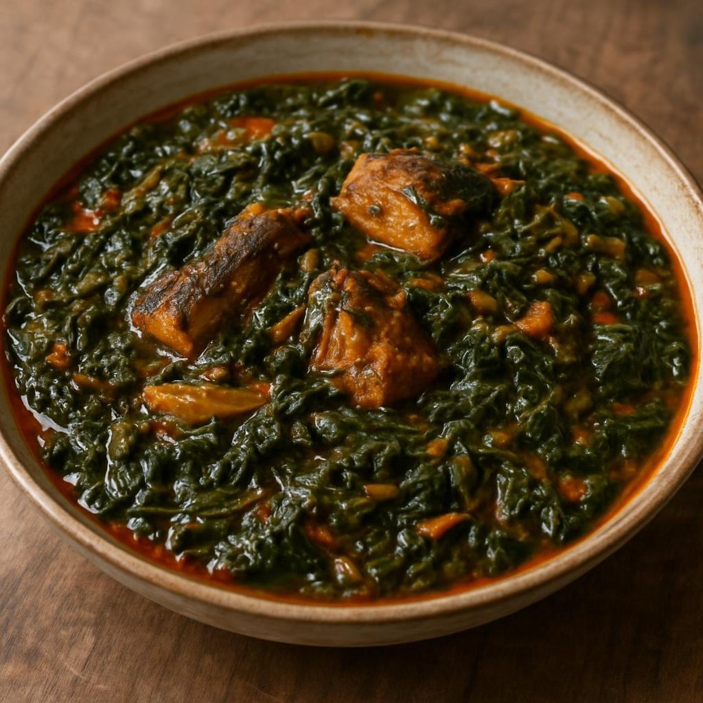 Entree: Sierra Leone – National Cuisine – Potato Leaf Stew (A savory West African stew of tender potato leaves cooked with onions, tomato, palm oil, and smoked fish) recipe