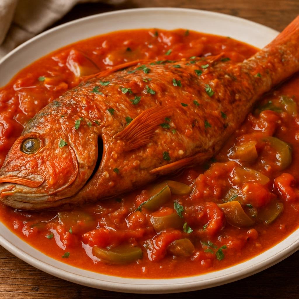 Entree: Sint Maarten (Dutch part) – National Cuisine – Red Snapper Creole (Spicy Creole-style whole red snapper simmered in a tomato and pepper sauce) recipe