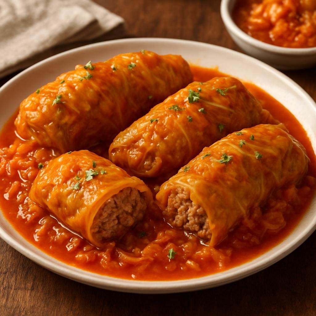 Entree: Slovakia – National Cuisine – Plnená Kapusta (Cabbage leaves stuffed with seasoned ground meat and rice, braised in sauerkraut and tomato sauce) recipe