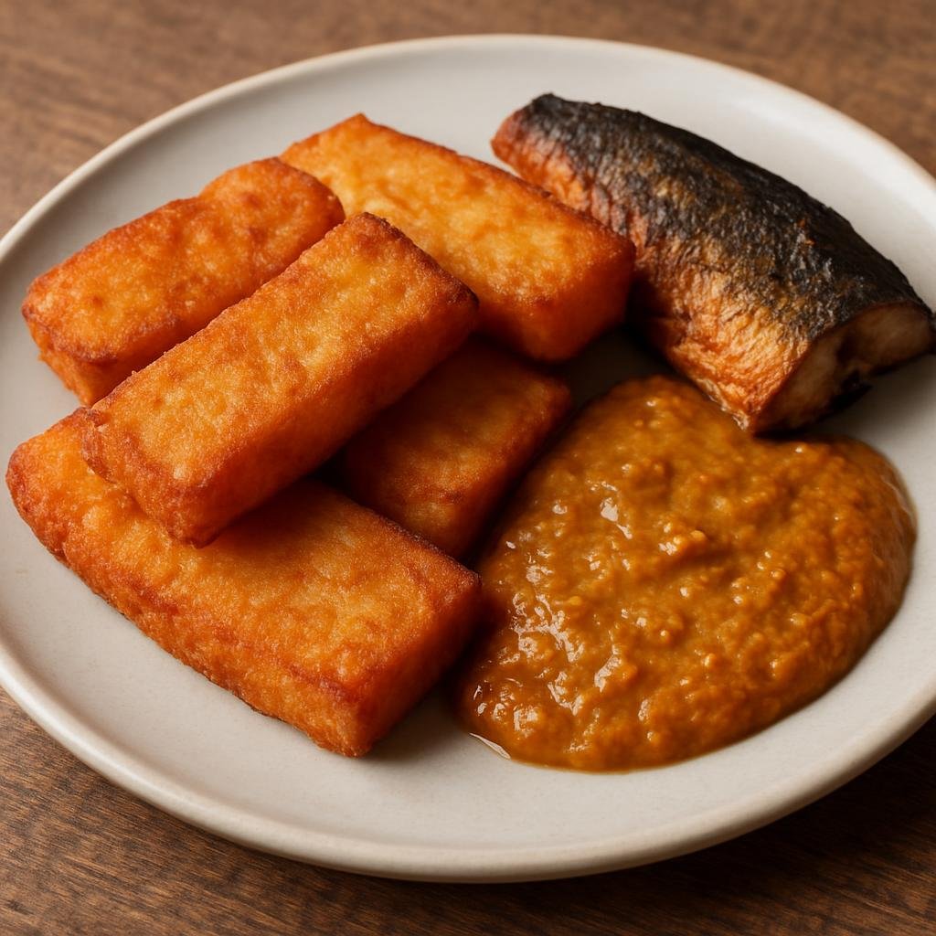 Entree: Suriname – National Cuisine – Telo (Fried cassava cakes served with a savory spiced peanut sauce, often accompanied by smoked or salted fish) recipe