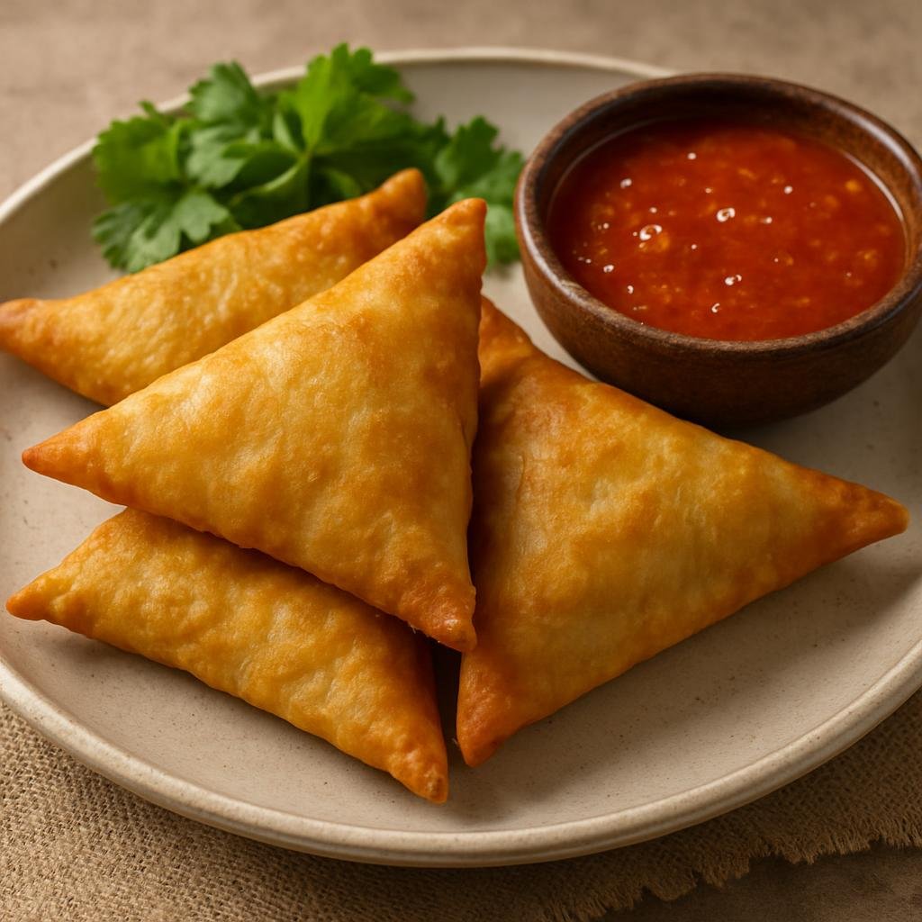 Entree: United Arab Emirates – National Cuisine – سمبوسة ➤ Sambūsa (Crisp stuffed pastry folded into triangles and filled with spiced meat or vegetables) recipe