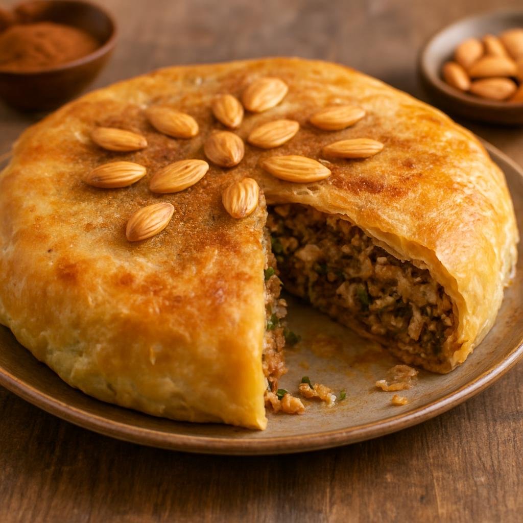 Entree: Western Sahara – National Cuisine – Pastilla (Savory-sweet layered meat pie wrapped in thin pastry with almonds and warm spices) recipe