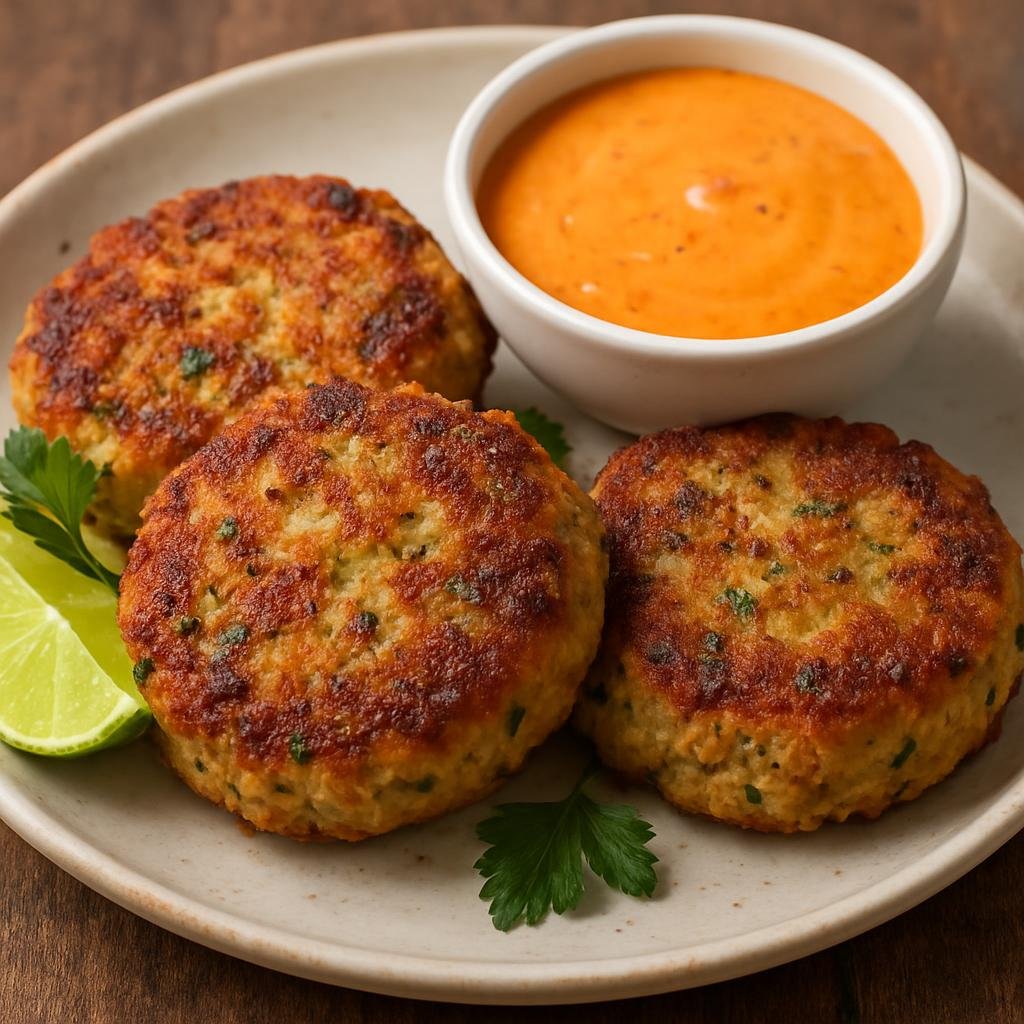 Entree: Cayman Islands – Cayman Crab Cakes (Pan-fried crab patties seasoned with Cayman-style herbs and citrus, served with a tangy tropical sauce) recipe