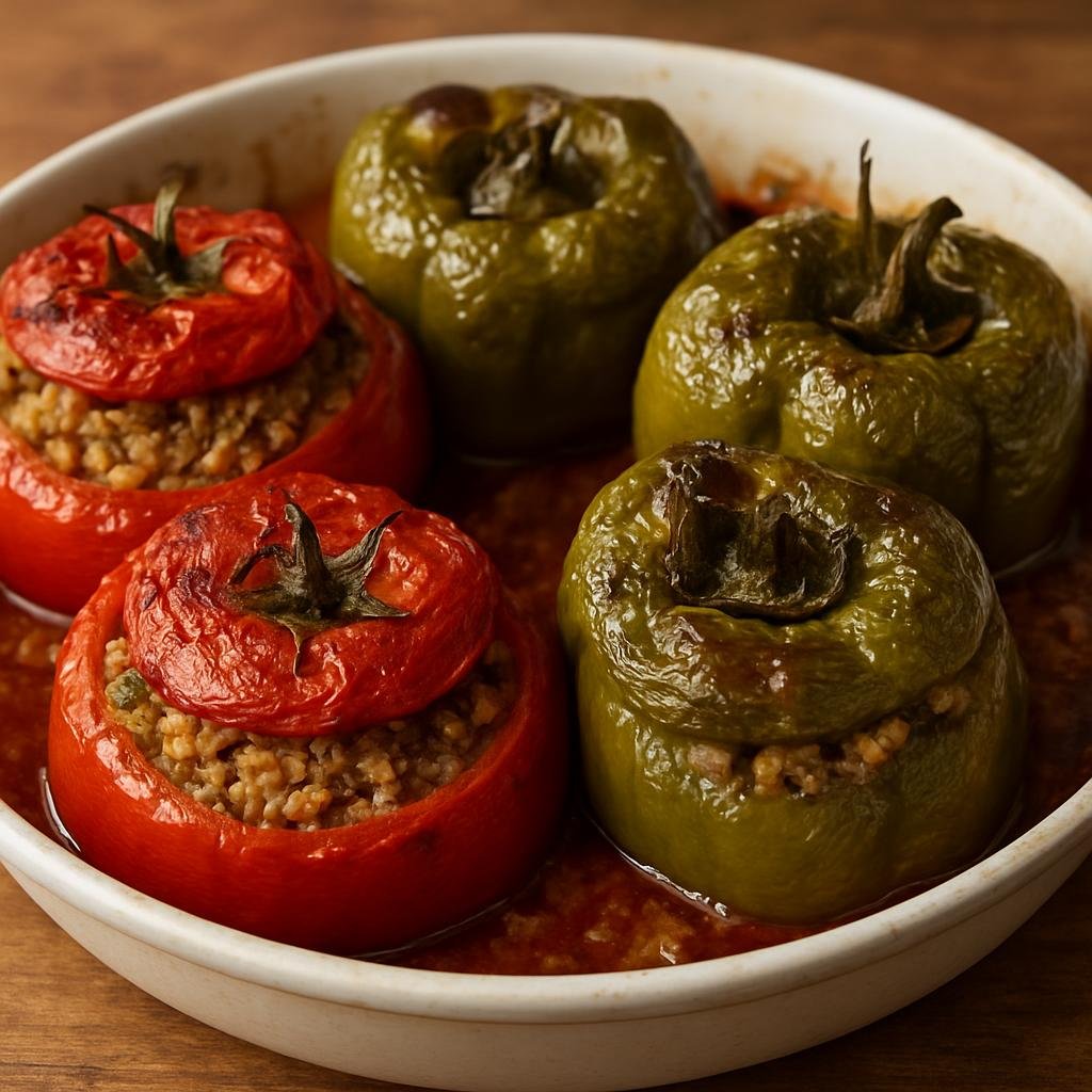 Entree: Cyprus – Central Culinary Region – Gemista (Oven-baked stuffed tomatoes and peppers filled with herbed rice and ground lamb) recipe