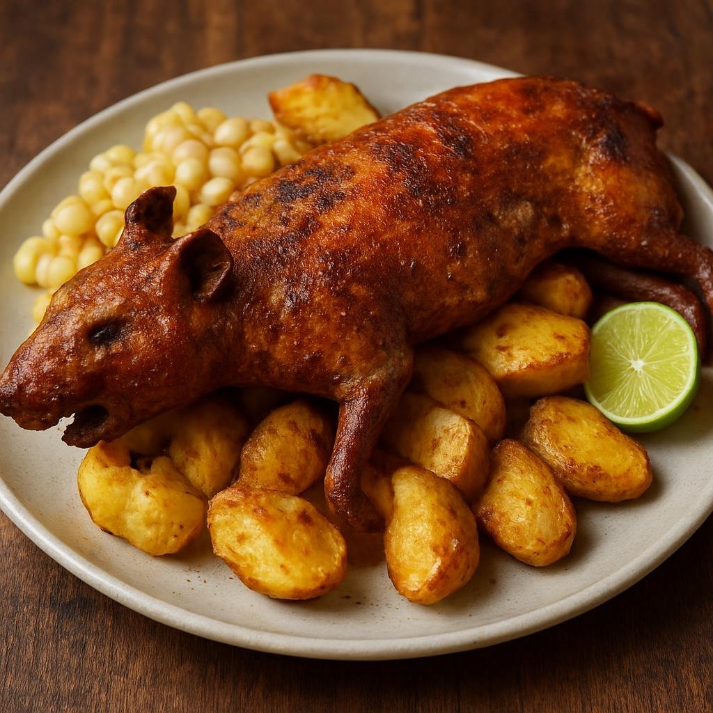 Entree: Ecuador – Central Culinary Region – Cuy Asado (Roasted guinea pig seasoned with Andean spices and citrus, roasted until the skin is crisp and meat is tender) recipe