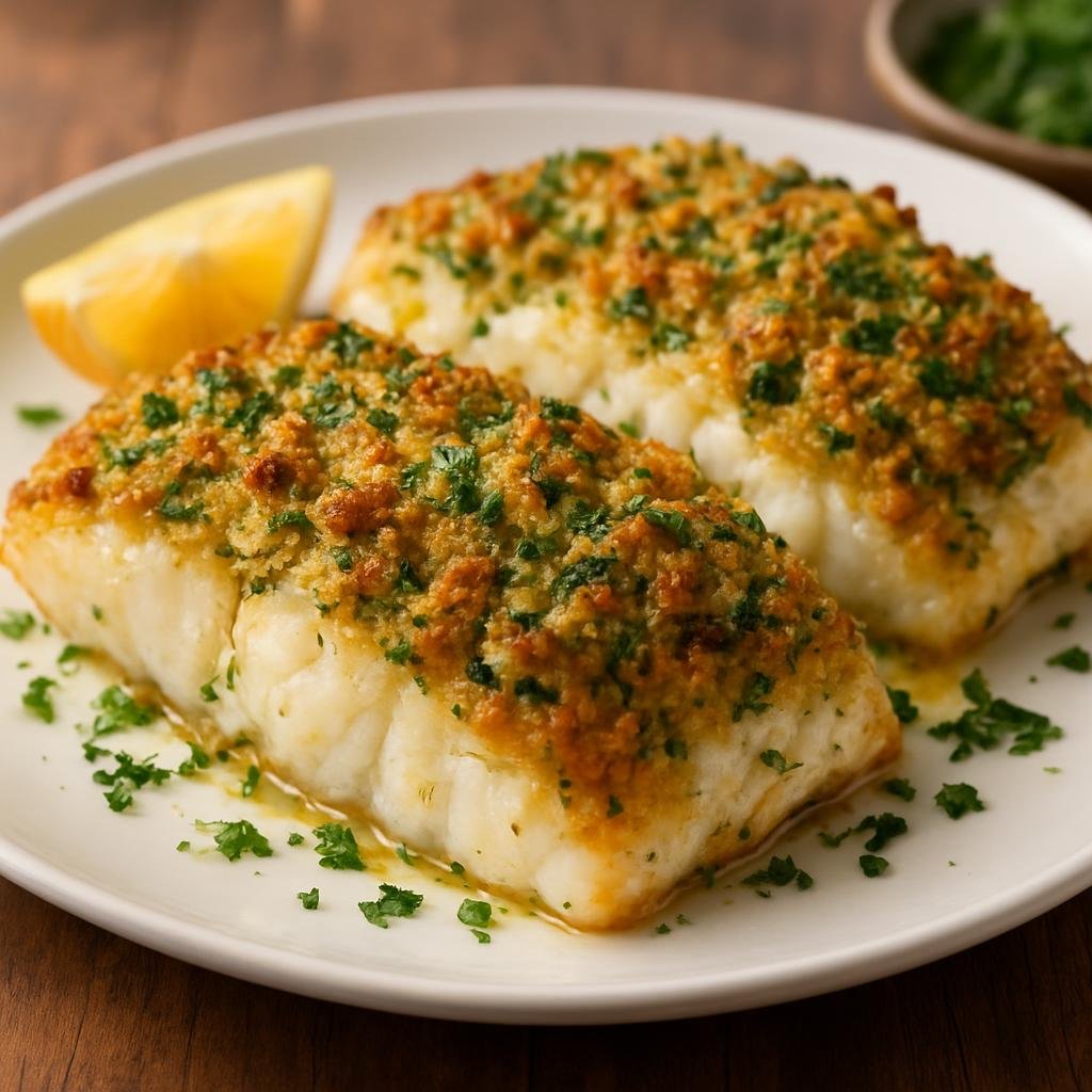 Entree: Falkland Islands (Malvinas) – Central Culinary Region – Baked Cod with Herb Crust (Oven-baked cod fillets topped with a crisp buttered breadcrumb and herb crust) recipe