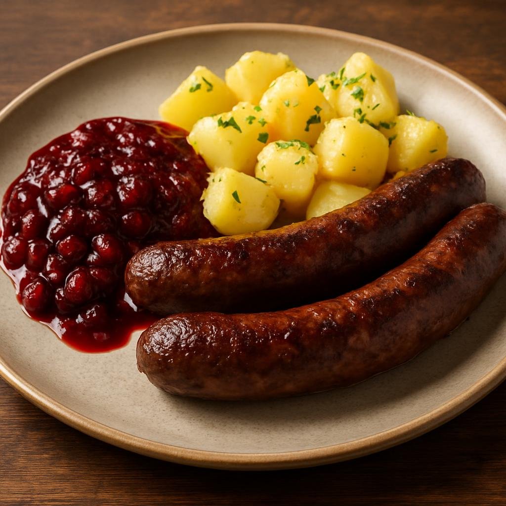 Entree: Bouvet Island – Central Culinary Region – Reindeer Sausage with Lingonberry (Smoked reindeer sausages pan-seared and served with a tart lingonberry sauce and buttered potatoes) recipe