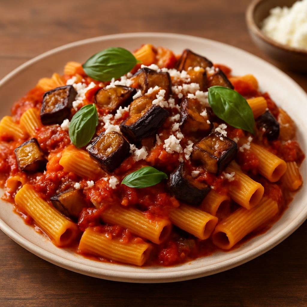 Entree: Holy See (Vatican City State) – Pasta alla Norma (Sicilian-style pasta with fried eggplant, tomato sauce, fresh basil, and grated ricotta salata) recipe