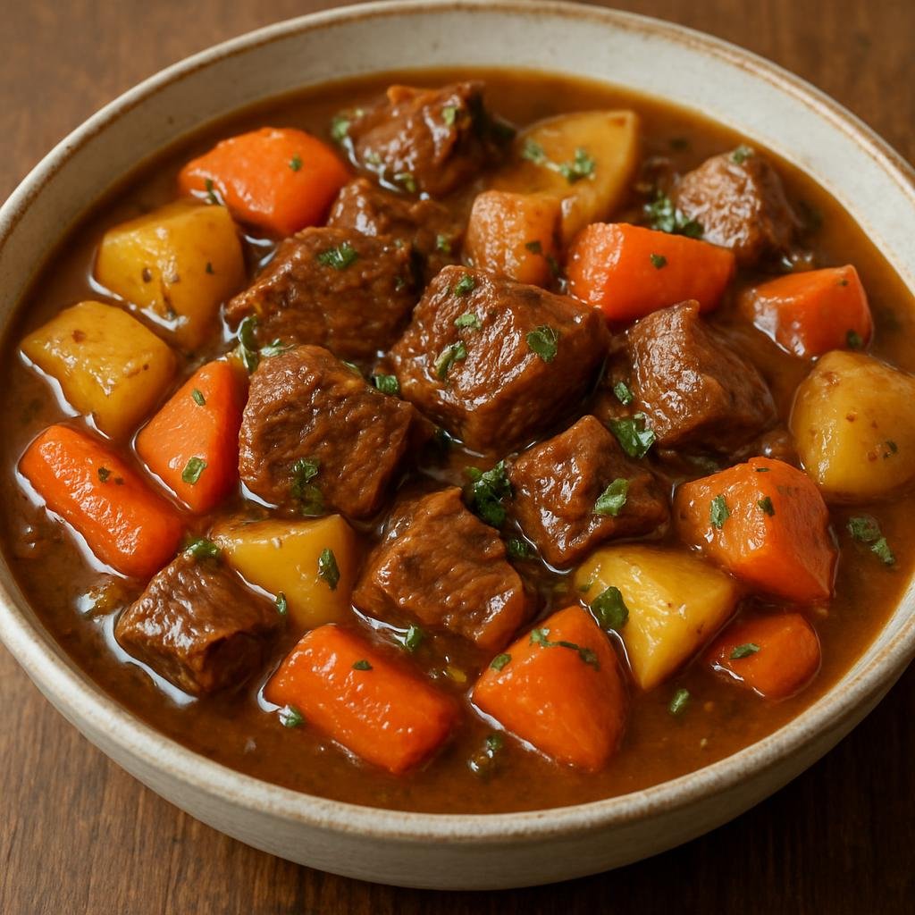 Entree: Isle of Man – Manx Beef Casserole (Slow-braised Manx beef stew with root vegetables in a rich savory gravy) recipe