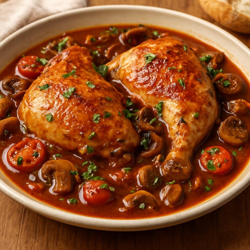 Entree: Jersey – Jersey Chicken Chasseur (Pan-braised chicken in a mushroom, tomato, and wine hunter-style sauce) recipe