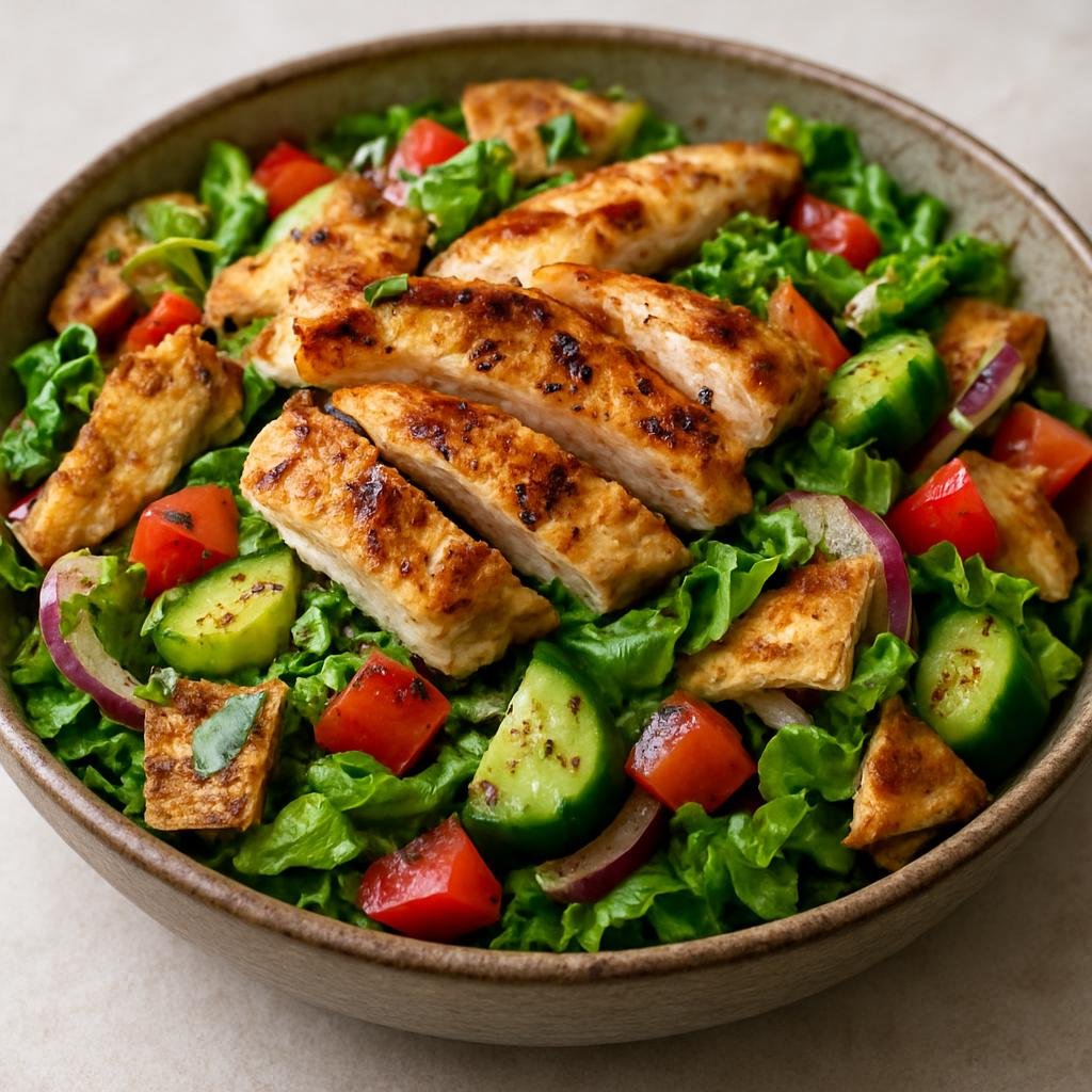 Entree: Kuwait – فتوش بالدجاج ➤ Fattoush bil-dajaj (Toasted pita and mixed-vegetable salad tossed with lemony sumac dressing and grilled chicken) recipe