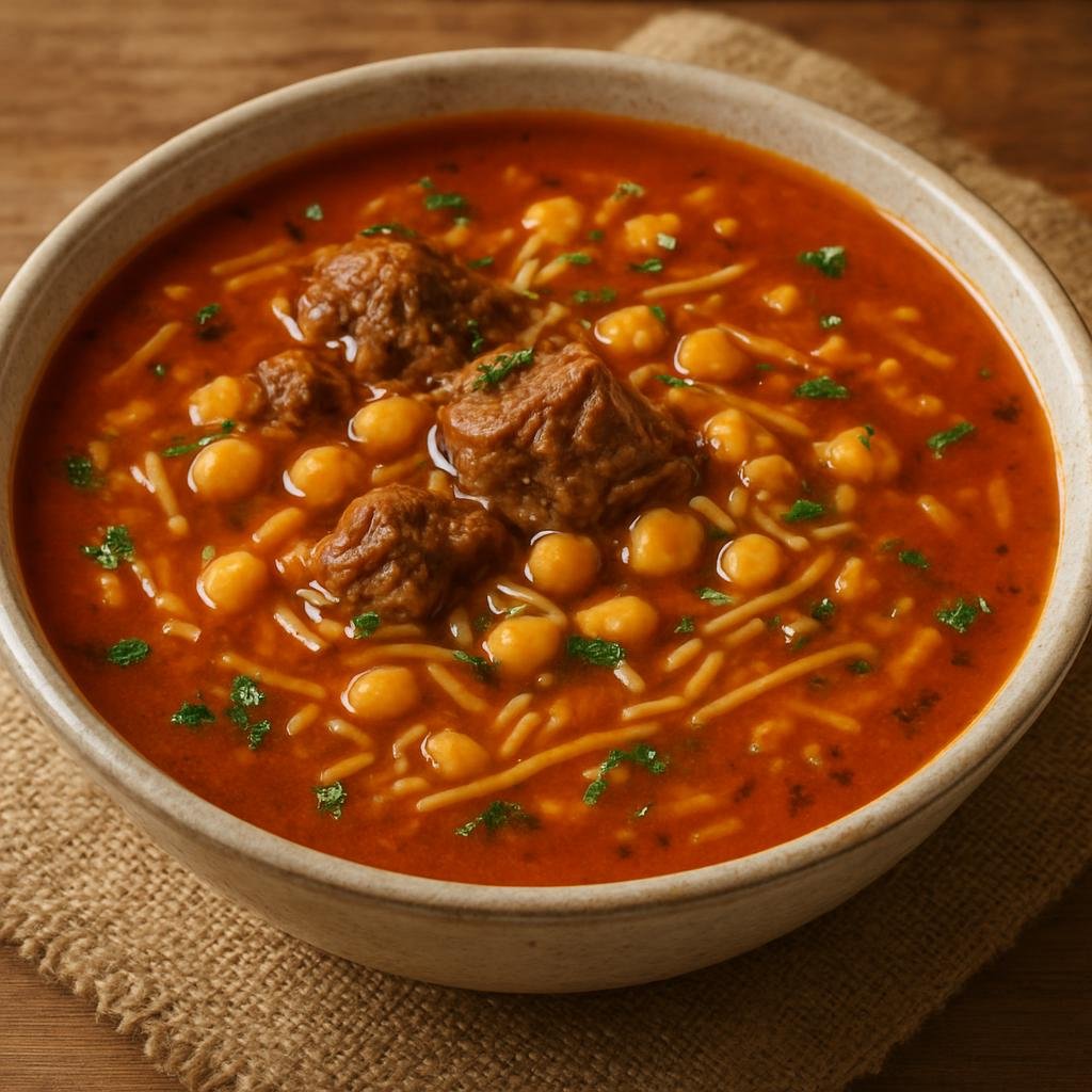 Entree: Libya – شربة ليبية ➤ Sharba Lībiyya (Hearty Libyan tomato-based lamb and chickpea soup with vermicelli) recipe